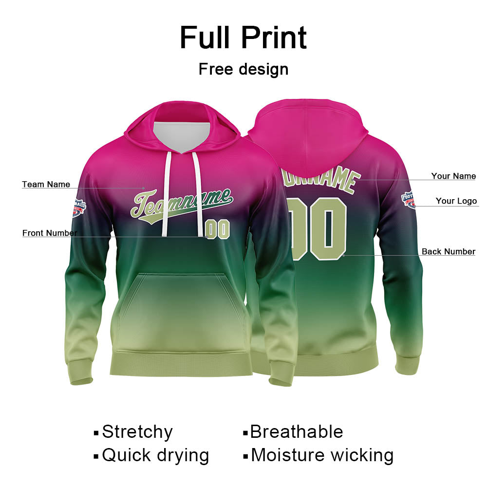 Benutzerdefinierter Verlauf Hoodie für Mann, Frau, Mädchen, Junge. Drucken Sie Ihr Logo, Ihren Namen und Ihre Nummer Lila Grün