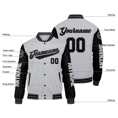 Maßgeschneiderte Grau Schwarz Letterman Varsity Jacket Individuelle Stickerei Druck nach Ihrem Wunsch