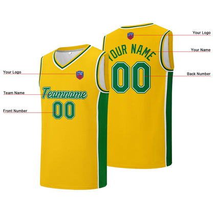 Individuelle Basketball-Jersey-Shorts für Männer und Frauen. Gestickter und gedruckter Name, Nummer und Logo Gelb&Grün