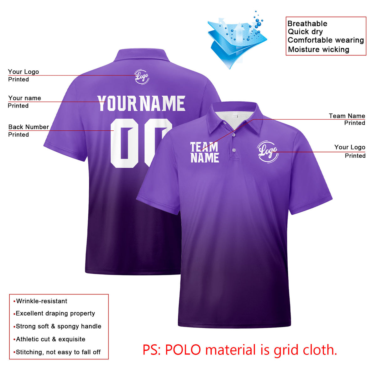 Benutzerdefinierte Lila Langweilig Lila Fußball Gradient Polo-Shirts Fügen Sie Ihr Einzigartiges hinzu Logo/Name/Nummer