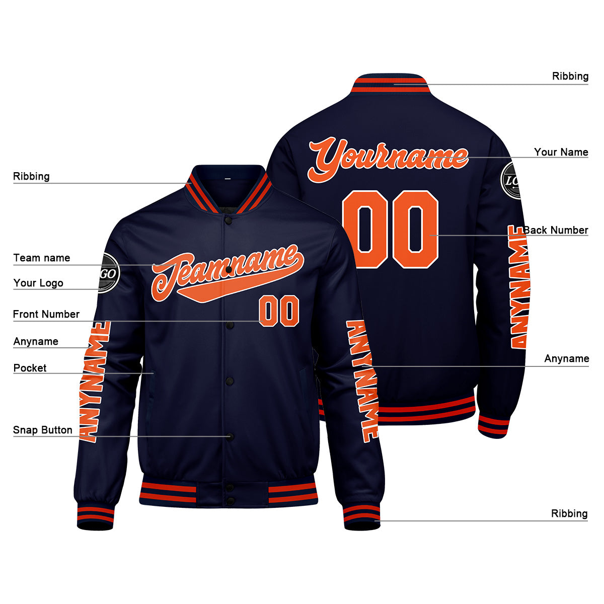 Maßgeschneiderte Marine Orange Letterman Varsity Jacket Individuelle Stickerei Druck nach Ihrem Wunsch