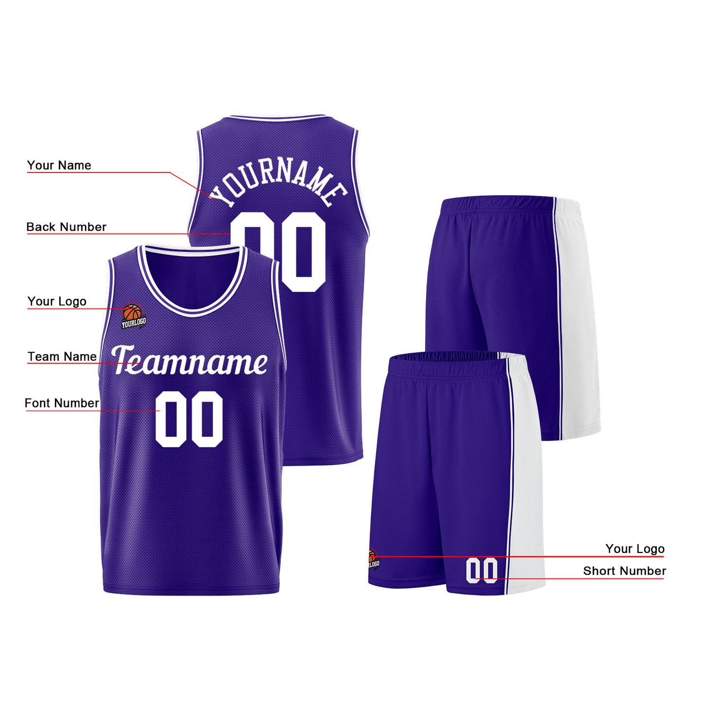 Individuelle Lila Weiß Basketball Jersey Shorts für Männer und Frauen Gestickter und gedruckter Name, Nummer und Logo