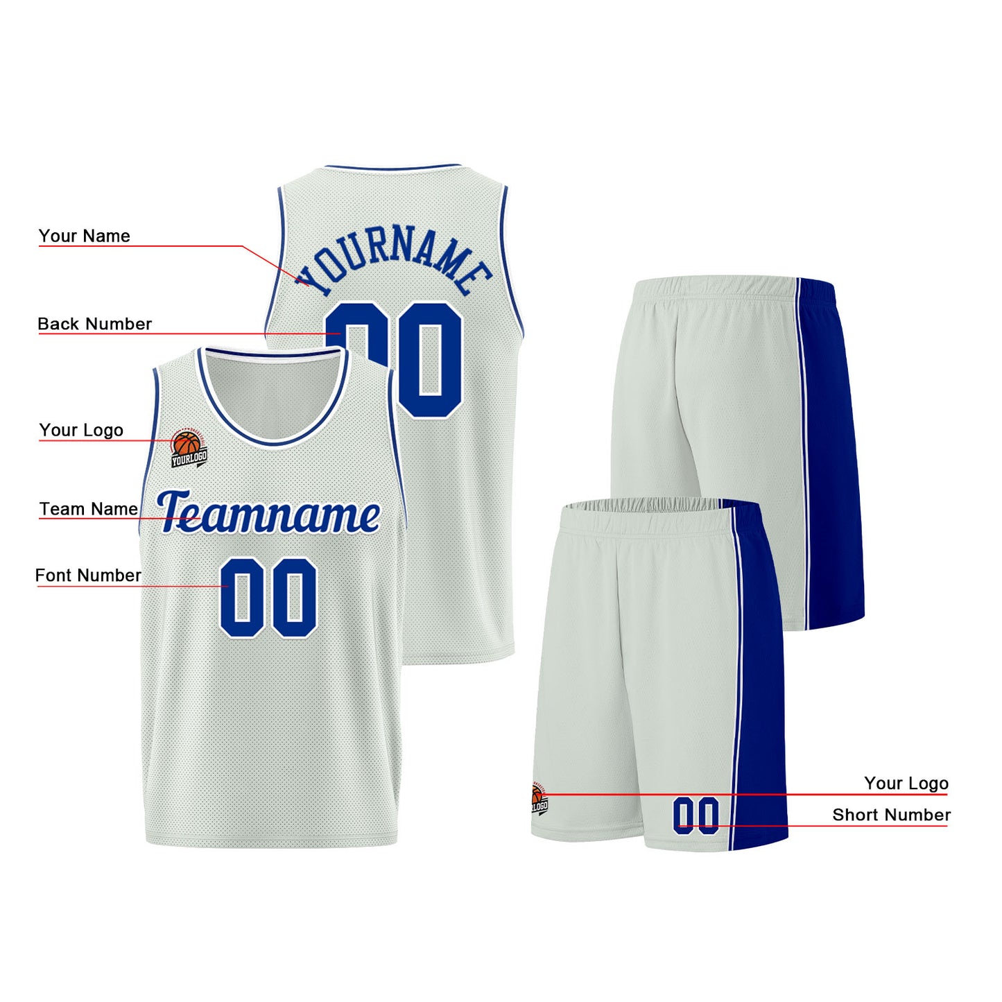 Individuelle Grau-Königlich Basketball Jersey Shorts für Männer und Frauen Gestickter und gedruckter Name, Nummer und Logo