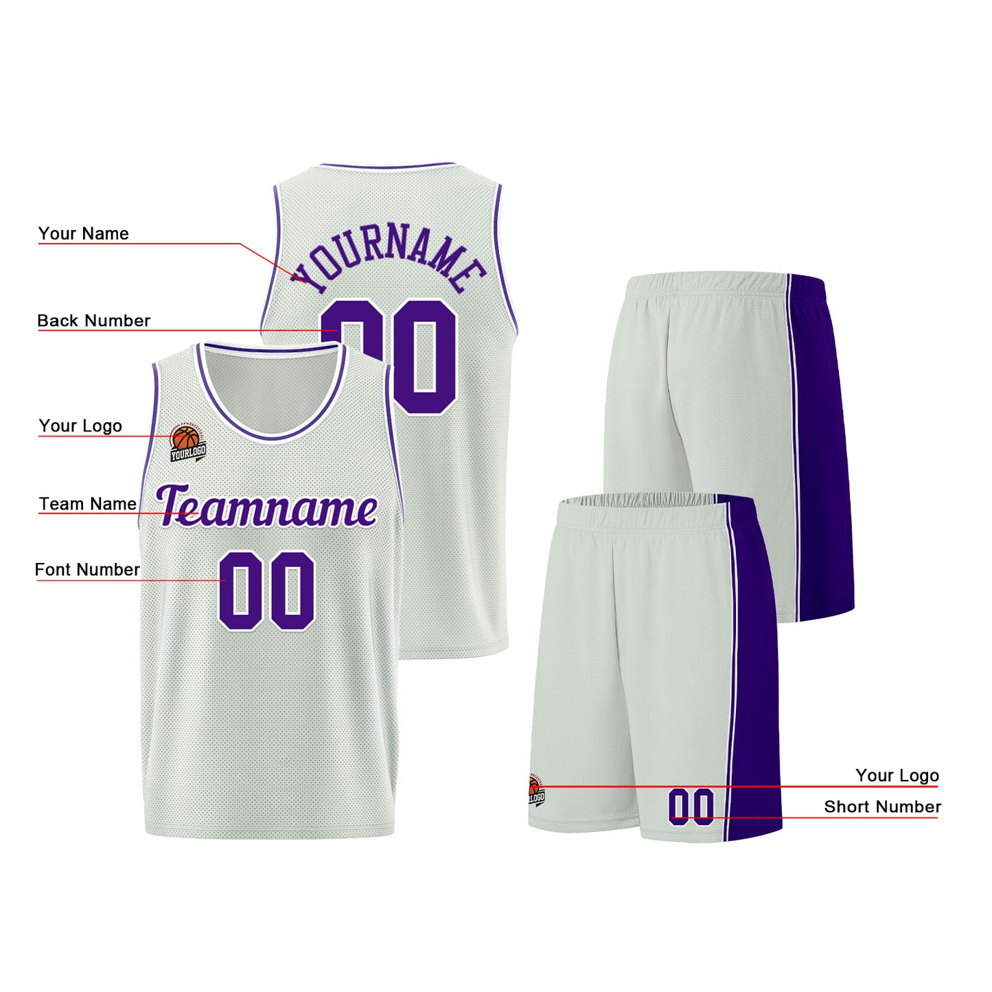 Individuelle Grau-Lila Basketball Jersey Shorts für Männer und Frauen Gestickter und gedruckter Name, Nummer und Logo