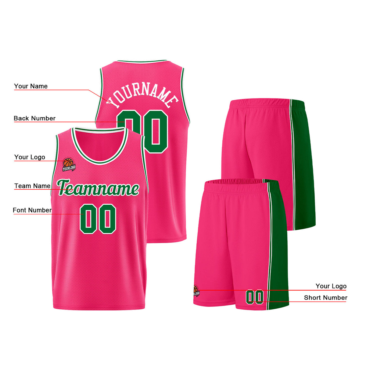 Individuelle Rosa-Grün Basketball Jersey Shorts für Männer und Frauen Gestickter und gedruckter Name, Nummer und Logo