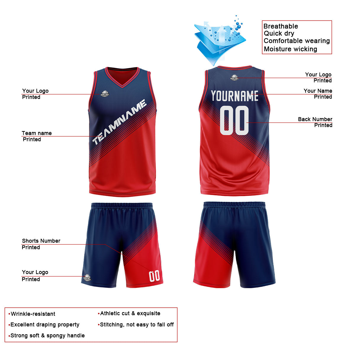 Benutzerdefinierte Marine Rot Reversible Basketball Jersey Personalisierte Print Name Nummer Logo
