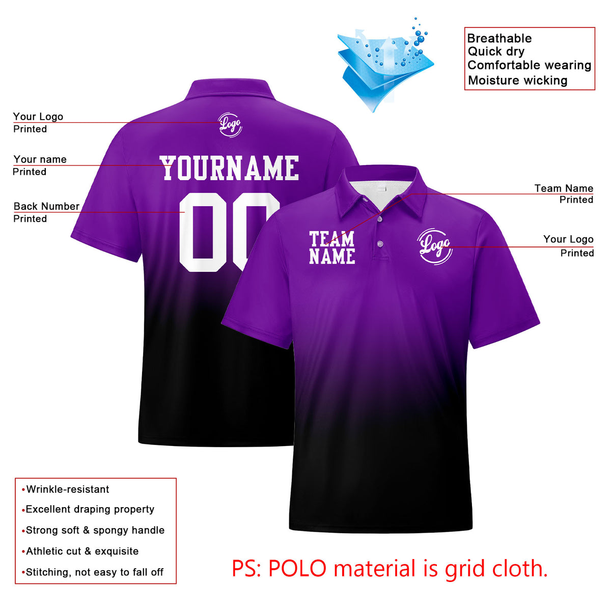Benutzerdefinierte Lila Schwarz Fußball Gradient Polo-Shirts Fügen Sie Ihr Einzigartiges hinzu Logo/Name/Nummer