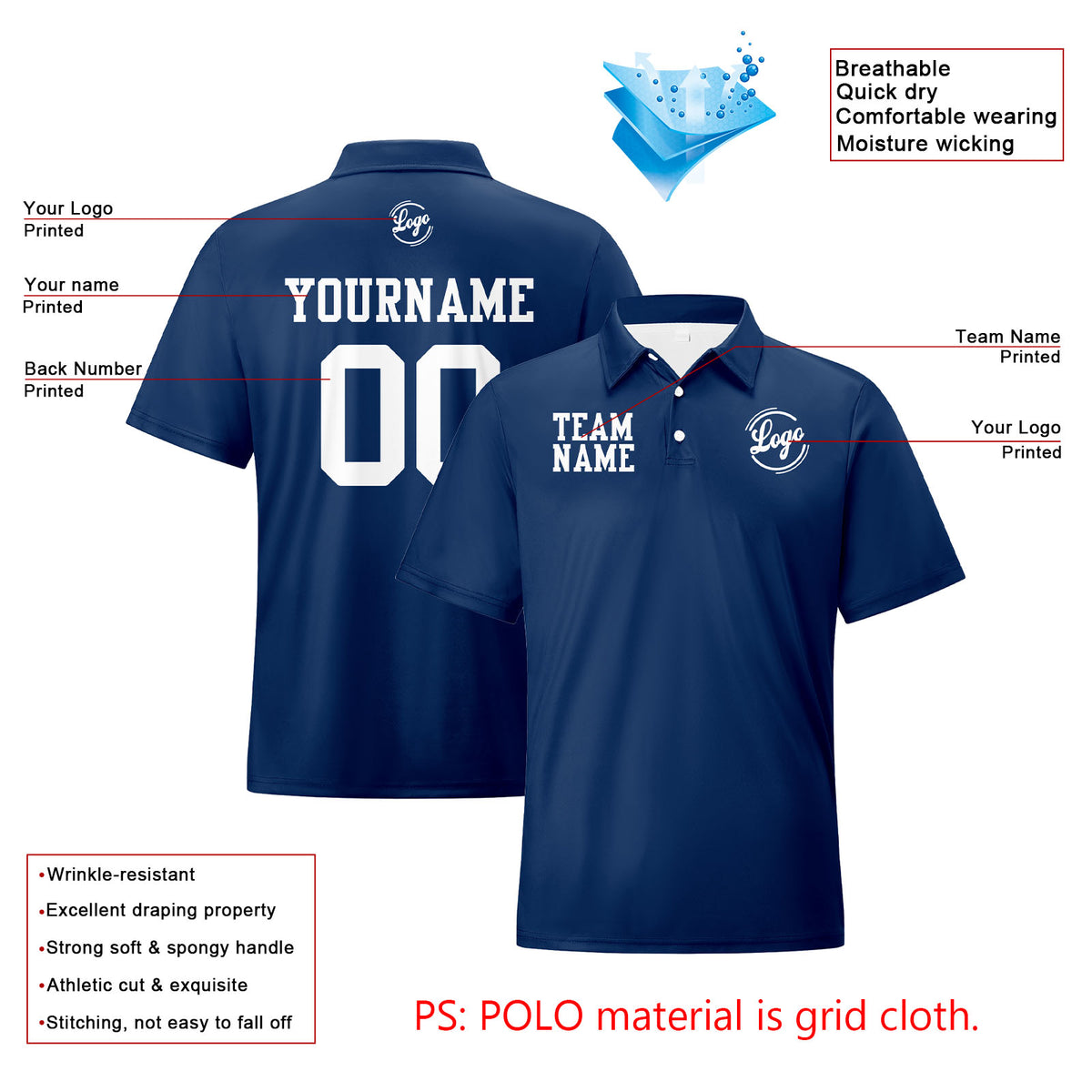 Benutzerdefinierte Marine Weiß Fußball Polo-Shirts Fügen Sie Ihr Einzigartiges hinzu Logo/Name/Nummer