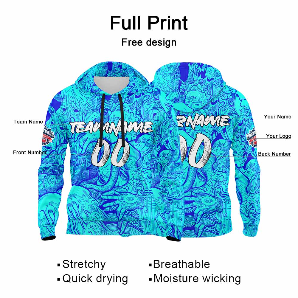 Benutzerdefinierter Sweatshirt-Hoodie für Mann, Frau, Mädchen, Junge. Drucken Sie Ihr Logo, Ihren Namen und Ihre Nummer Blau