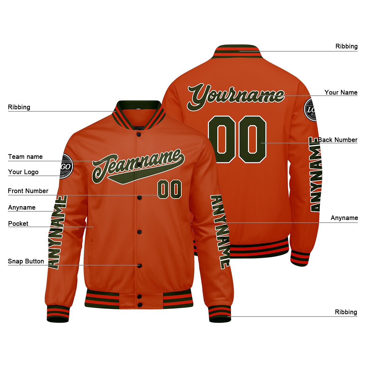 Maßgeschneiderte Olivengrün Orange Letterman Varsity Jacket Individuelle Stickerei Druck nach Ihrem Wunsch