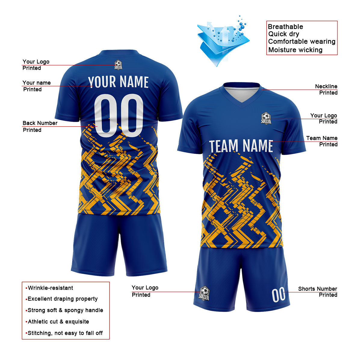 Benutzerdefinierte Blau Orange Fußball Trikots für Männer Frauen Personalisierte Fußball Uniformen für Erwachsene und Kind