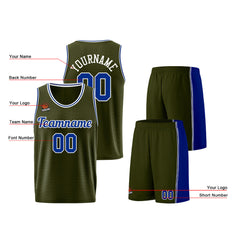 Individuelle Armeegrün-Königlich Basketball Jersey Shorts für Männer und Frauen Gestickter und gedruckter Name, Nummer und Logo