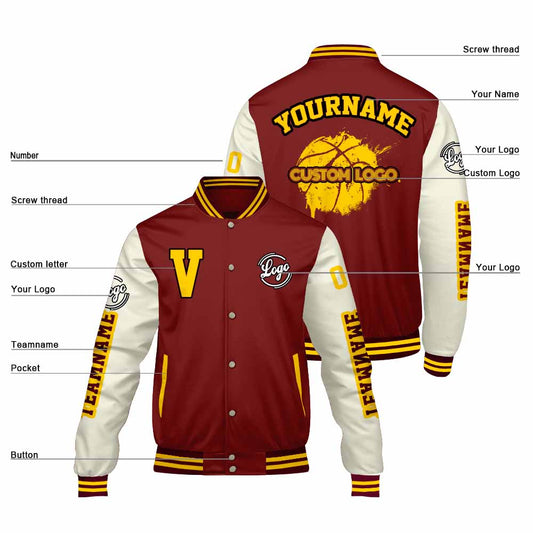 Maßgeschneiderte Claret Creme Letterman Varsity Jacket Individuelle Stickerei Druck nach Ihrem Wunsch
