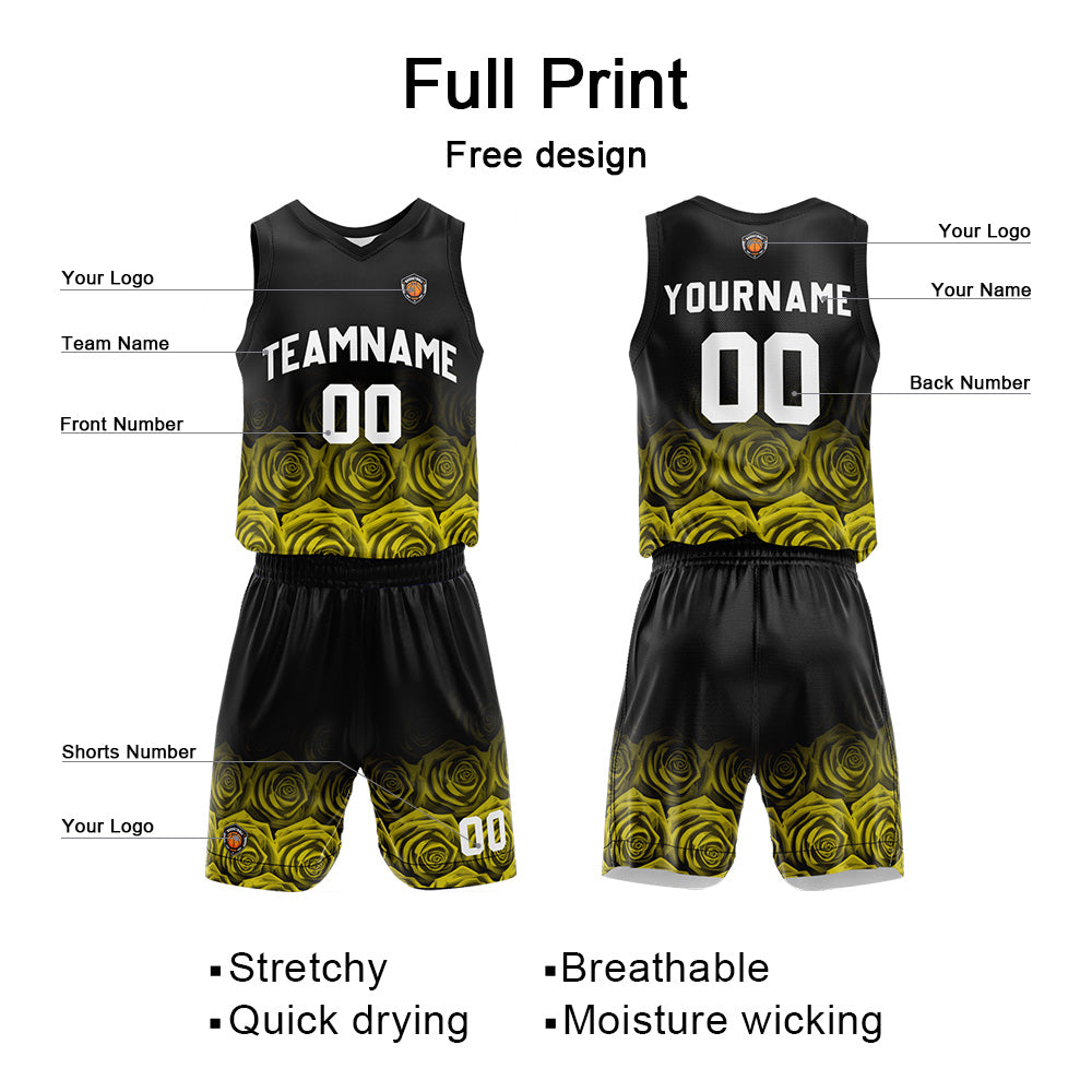 Benutzerdefinierte Rose Gelb Reversible Basketball Jersey Personalisierte Name Nummernlogo drucken