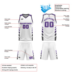Benutzerdefinierter Weiß Lila Basketball Jersey Uniform Anzug gedruckt Ihr Logo Name Nummer
