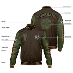Maßgeschneiderte Braune Olivengrün Letterman Varsity Jacket Individuelle Stickerei Druck nach Ihrem Wunsch