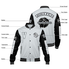 Maßgeschneiderte Grau Schwarz Letterman Varsity Jacket Individuelle Stickerei Druck nach Ihrem Wunsch