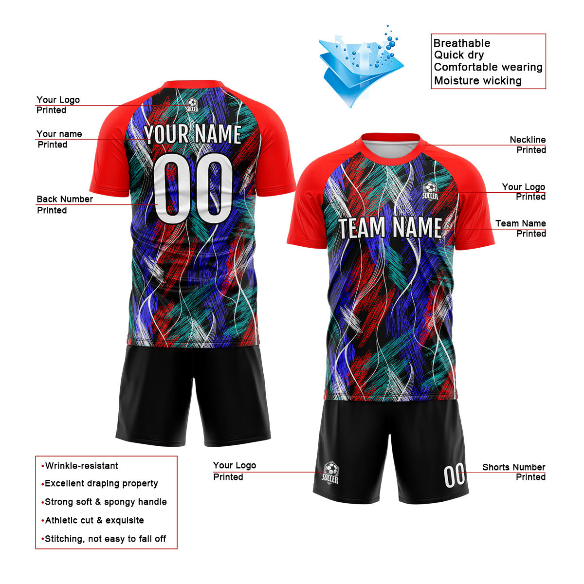 Benutzerdefinierte Schwarz Rot Fußball Trikots für Männer Frauen Personalisierte Fußball Uniformen für Erwachsene und Kind