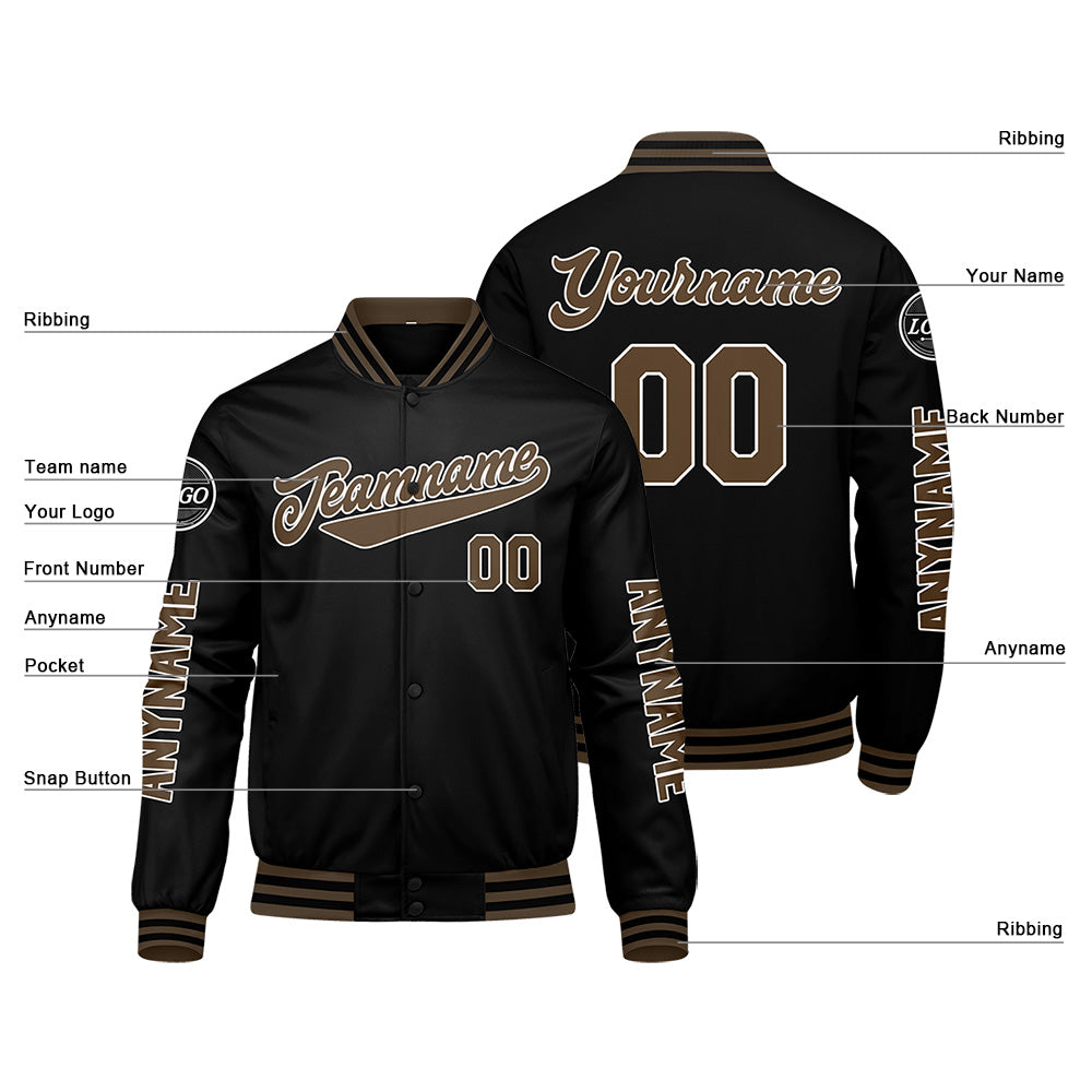 Maßgeschneiderte Schwarz Braun Letterman Varsity Jacket Individuelle Stickerei Druck nach Ihrem Wunsch