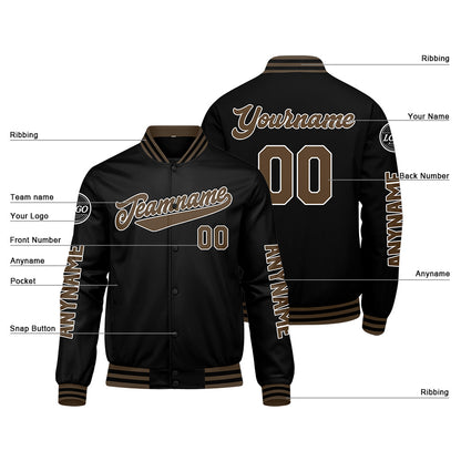 Maßgeschneiderte Schwarz Braun Letterman Varsity Jacket Individuelle Stickerei Druck nach Ihrem Wunsch