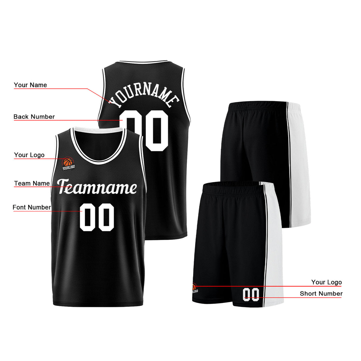 Individuelle Schwarz Weiß Basketball Jersey Shorts für Männer und Frauen Gestickter und gedruckter Name, Nummer und Logo