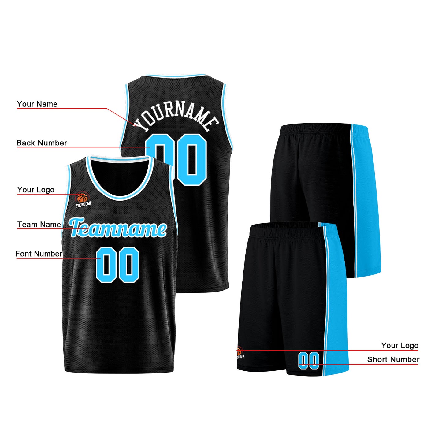 Individuelle Schwarz Hellblau Basketball Jersey Shorts für Männer und Frauen Gestickter und gedruckter Name, Nummer und Logo