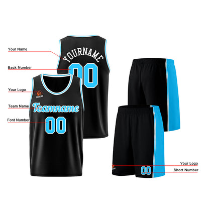 Individuelle Schwarz Hellblau Basketball Jersey Shorts für Männer und Frauen Gestickter und gedruckter Name, Nummer und Logo