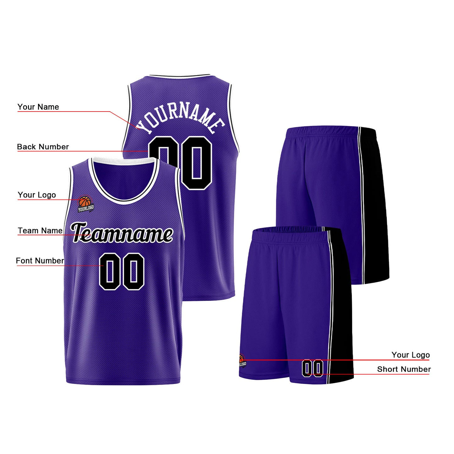 Individuelle Lila Schwarz Basketball Jersey Shorts für Männer und Frauen Gestickter und gedruckter Name, Nummer und Logo