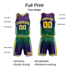 Benutzerdefinierte Lila Grün Reversible Basketball Jersey Personalisierte Name Nummernlogo drucken