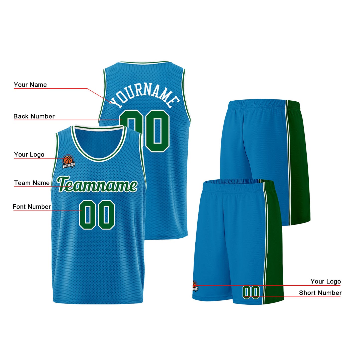 Individuelle Blau-Grün Basketball Jersey Shorts für Männer und Frauen Gestickter und gedruckter Name, Nummer und Logo