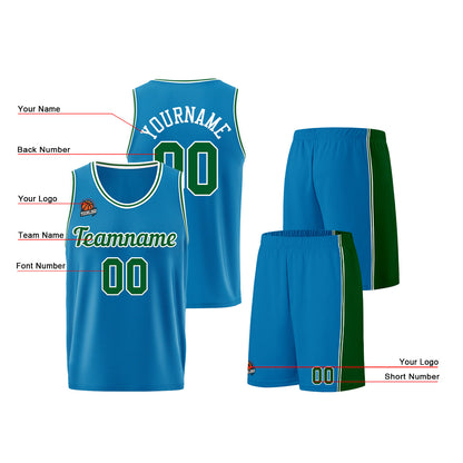 Individuelle Blau-Grün Basketball Jersey Shorts für Männer und Frauen Gestickter und gedruckter Name, Nummer und Logo