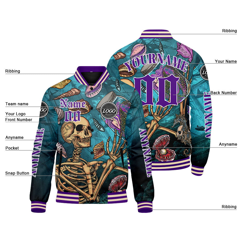 Maßgeschneiderte Blau Lila Letterman Varsity Jacket Individuelle Stickerei Druck nach Ihrem Wunsch