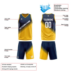 Benutzerdefinierte Marine Gelb Reversible Basketball Jersey Personalisierte Print Name Nummer Logo