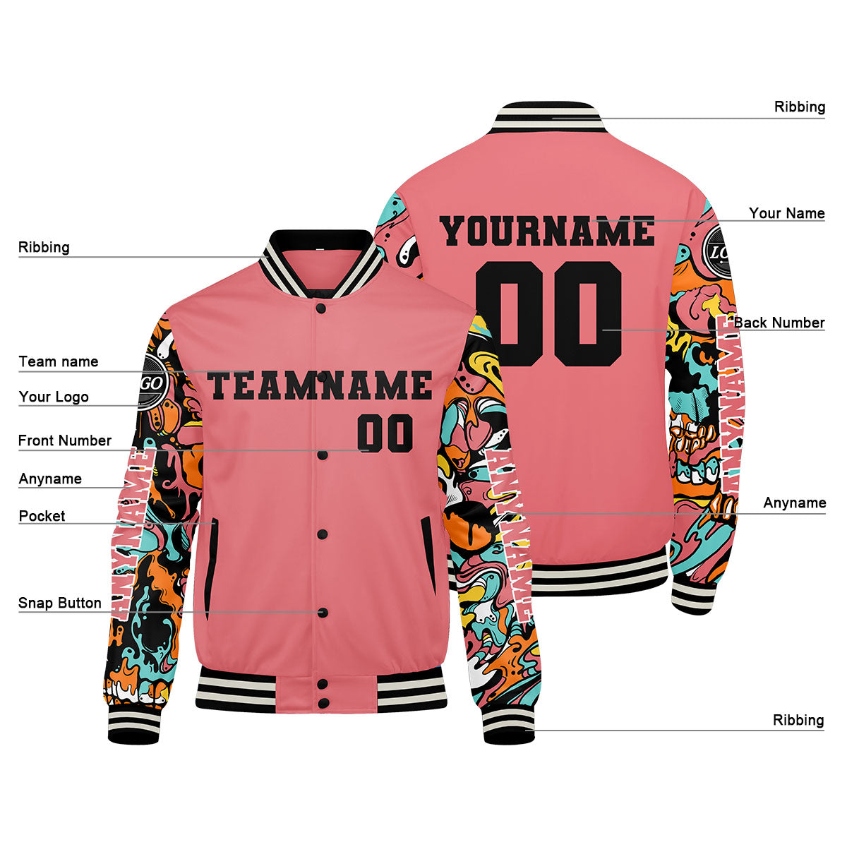 Maßgeschneiderte Rosa Letterman Varsity Jacket Individuelle Stickerei Druck nach Ihrem Wunsch