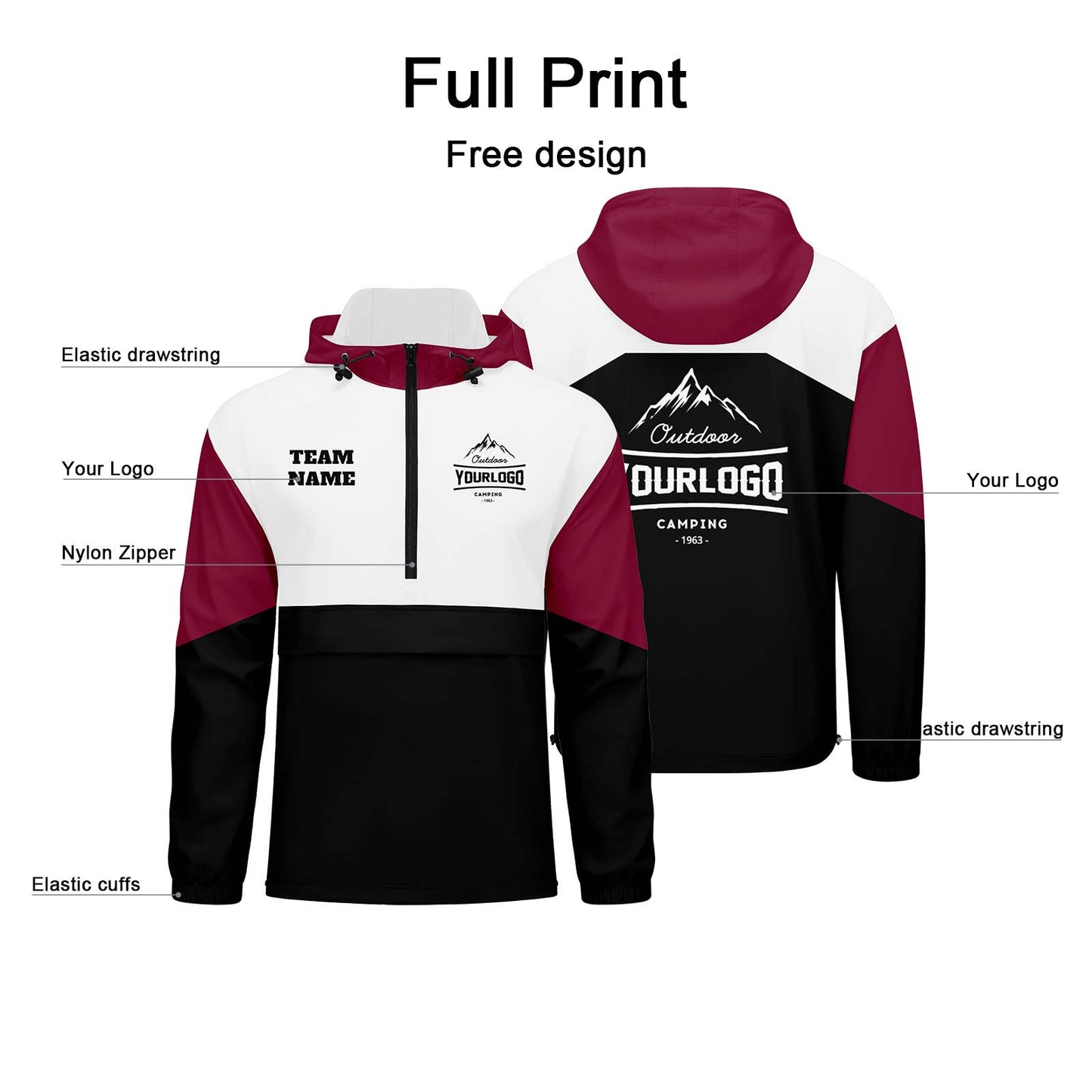 Anpassbare Karminrot Weiß Schwarz Winddichte Softshell Kapuzenjacke - Vollverschluss, Logo- & Text-Druck