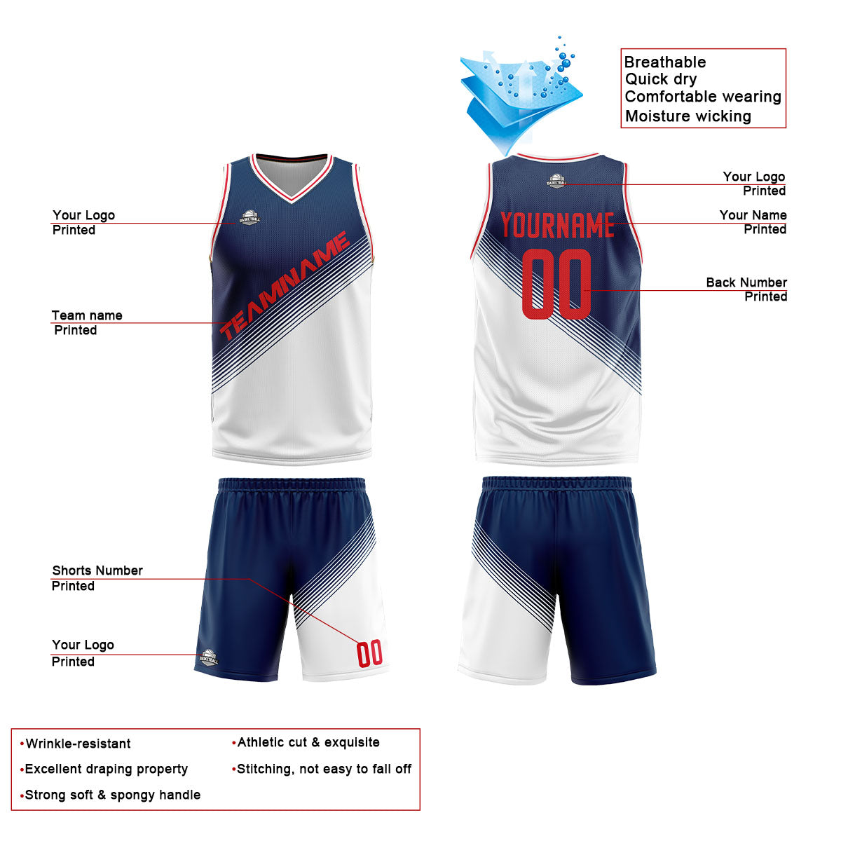 Benutzerdefinierte Marine Weiß Reversible Basketball Jersey Personalisierte Print Name Nummer Logo