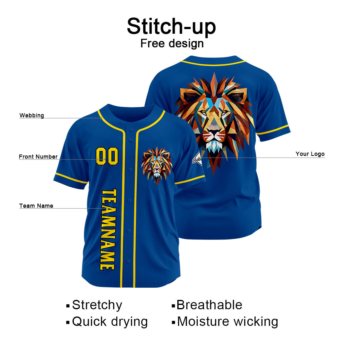 Benutzerdefinierte Baseball Jersey Personalisierte Baseball Shirt genäht und Druck Royal