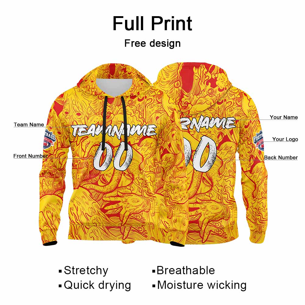 Benutzerdefinierter Sweatshirt-Hoodie für Mann, Frau, Mädchen, Junge. Drucken Sie Ihr Logo, Ihren Namen und Ihre Nummer Gelb&Rot