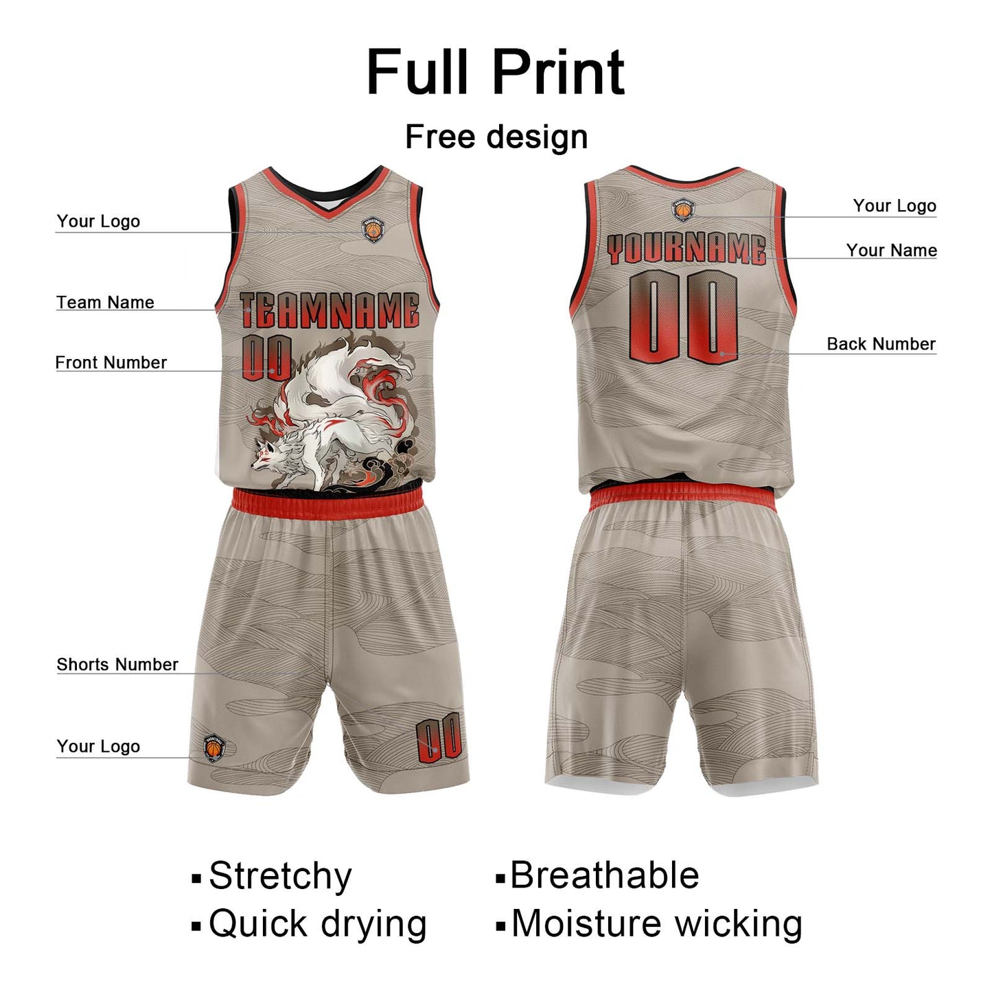 Benutzerdefinierter Khaki Basketball Jersey Uniform Anzug gedruckt Ihr Logo Name Nummer