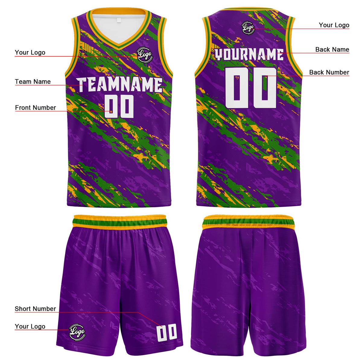 Benutzerdefinierter Lila Grün Basketball Jersey Uniform Anzug gedruckt Ihr Logo Name Nummer