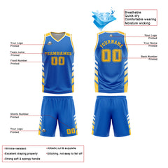 Benutzerdefinierter Blau Gelb Basketball Jersey Uniform Anzug gedruckt Ihr Logo Name Nummer