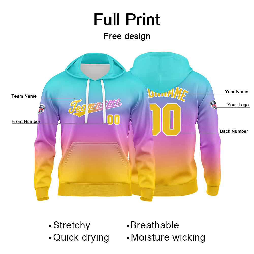 Benutzerdefinierter Verlauf Hoodie für Mann, Frau, Mädchen, Junge. Drucken Sie Ihr Logo, Ihren Namen und Ihre Nummer Blau Lila Orange