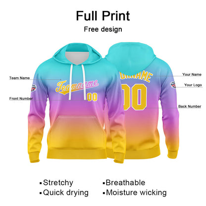 Benutzerdefinierter Verlauf Hoodie für Mann, Frau, Mädchen, Junge. Drucken Sie Ihr Logo, Ihren Namen und Ihre Nummer Blau Lila Orange