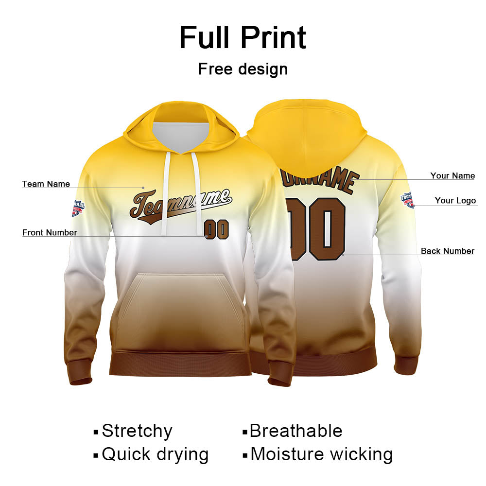 Benutzerdefinierter Verlauf Hoodie für Mann, Frau, Mädchen, Junge. Drucken Sie Ihr Logo, Ihren Namen und Ihre Nummer Gelb Weiß