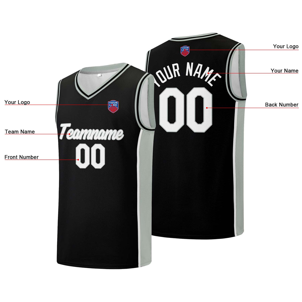 Individuelle Basketball-Jersey-Shorts für Männer und Frauen. Gestickter und gedruckter Name, Nummer und Logo Schwarz&Grau