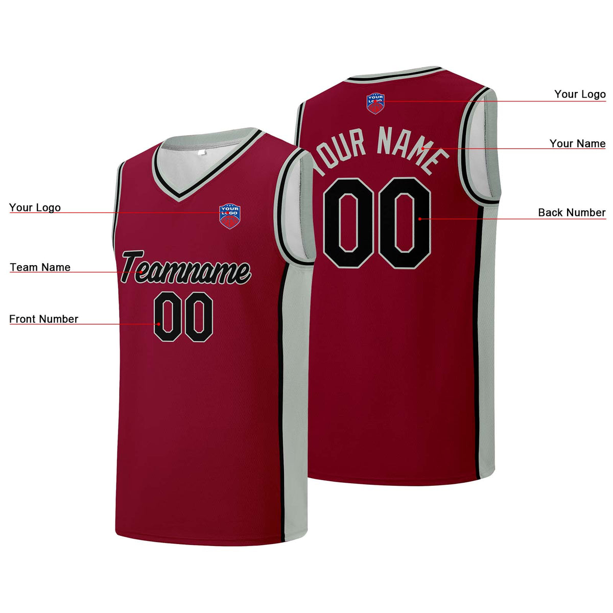 Individuelle Basketball-Jersey-Shorts für Männer und Frauen. Gestickter und gedruckter Name, Nummer und Logo Burgund&Grau