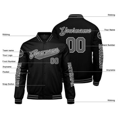 Maßgeschneiderte Schwarz Grau Letterman Varsity Jacket Individuelle Stickerei Druck nach Ihrem Wunsch
