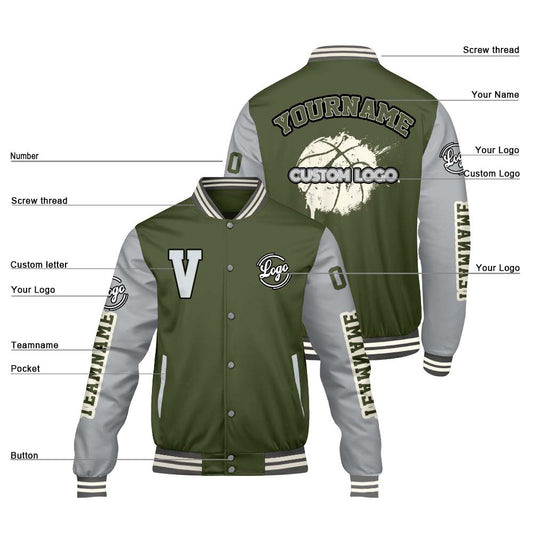 Maßgeschneiderte Olivengrün Grau Letterman Varsity Jacket Individuelle Stickerei Druck nach Ihrem Wunsch
