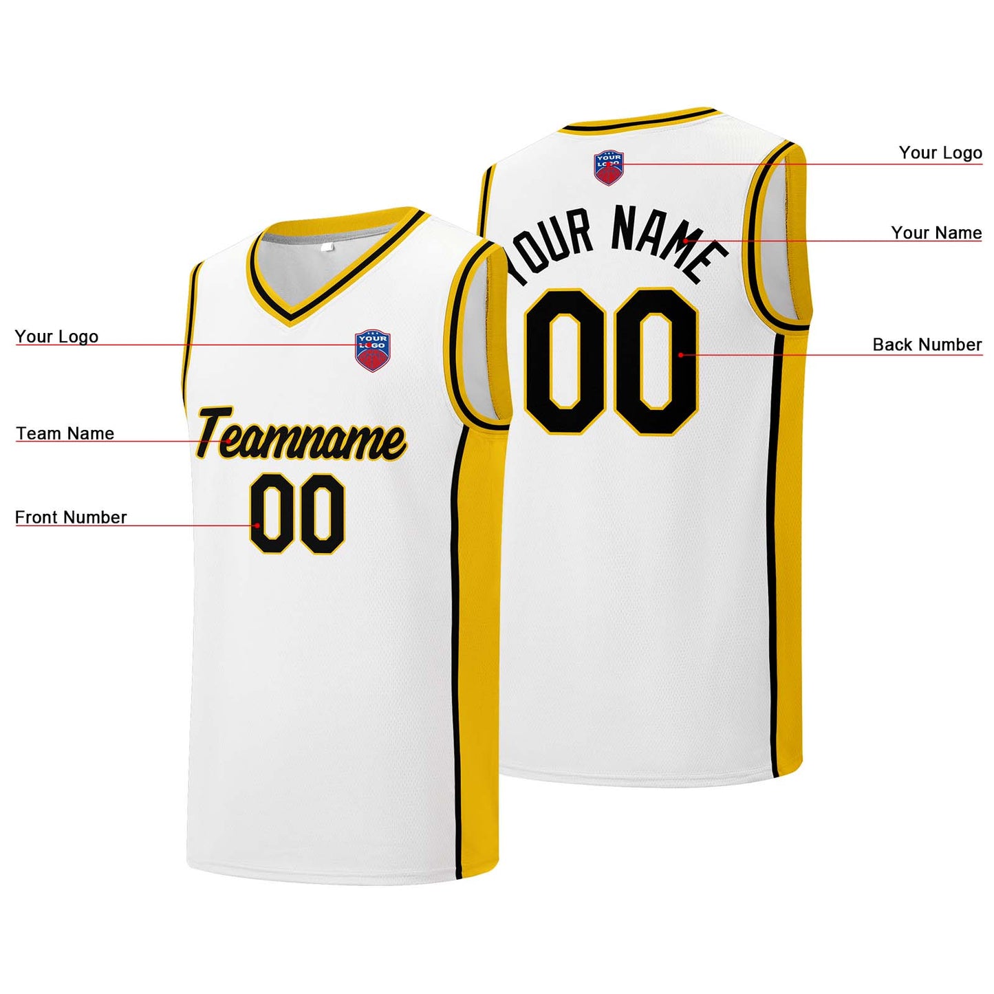 Individuelle Basketball-Jersey-Shorts für Männer und Frauen. Gestickter und gedruckter Name, Nummer und Logo Weiß