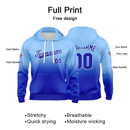 Benutzerdefinierter Verlauf Hoodie für Mann, Frau, Mädchen, Junge. Drucken Sie Ihr Logo, Ihren Namen und Ihre Nummer Hellblau Royal